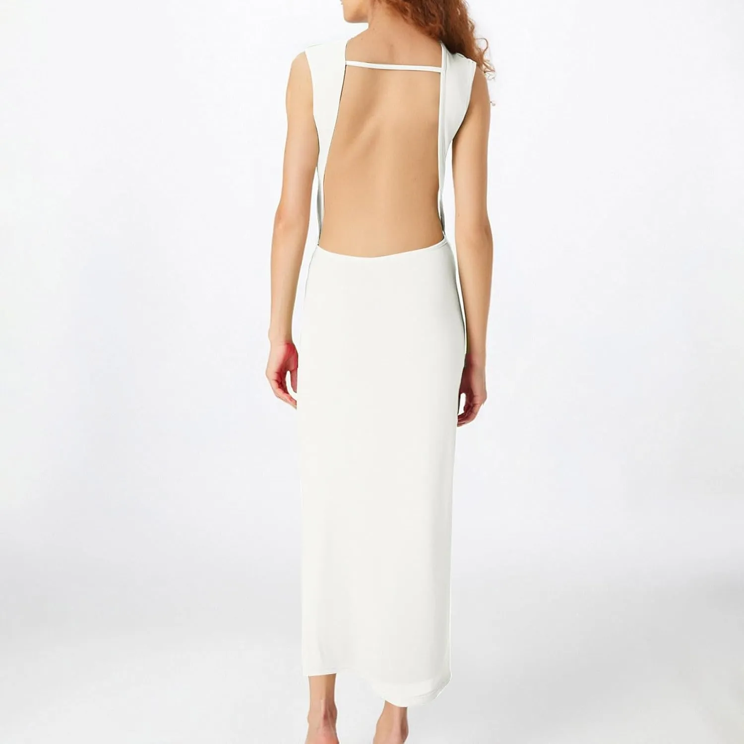 Women's Sexy Plunging V Neck Maxi Dress Elegant Ruched Twist Knot Bodycon High Slit Backless Cocktail Party Dresses