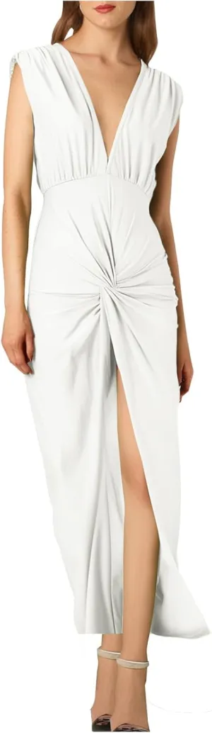 Women's Sexy Plunging V Neck Maxi Dress Elegant Ruched Twist Knot Bodycon High Slit Backless Cocktail Party Dresses