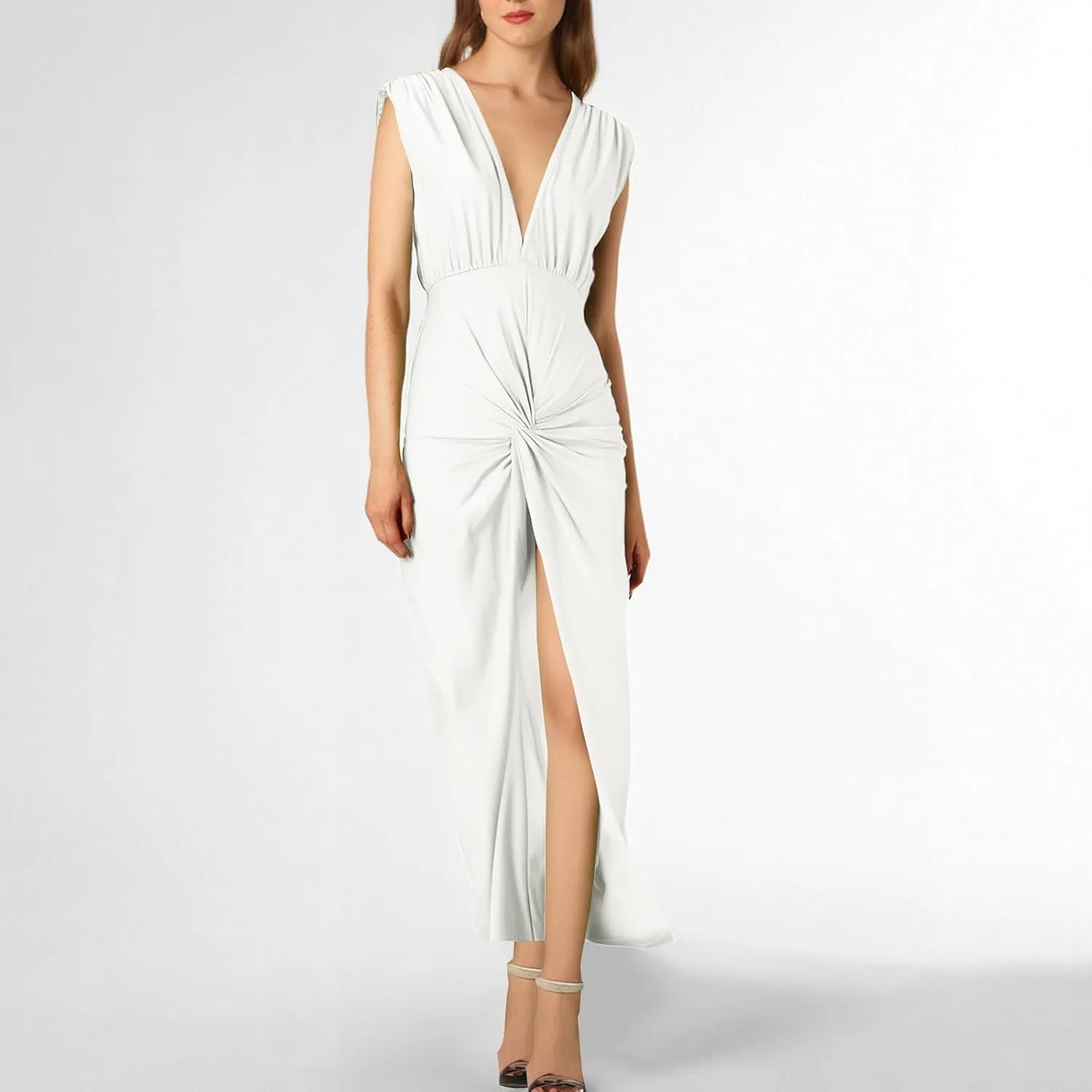 Women's Sexy Plunging V Neck Maxi Dress Elegant Ruched Twist Knot Bodycon High Slit Backless Cocktail Party Dresses