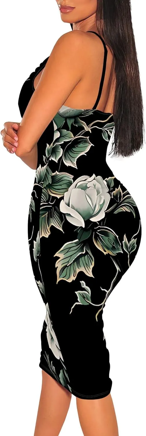 Women's Sexy Sleeveless Bodycon Midi Dress Summer Casual V-Neck Spaghetti Straps Party Club Dresses Beach Vacation Outfits
