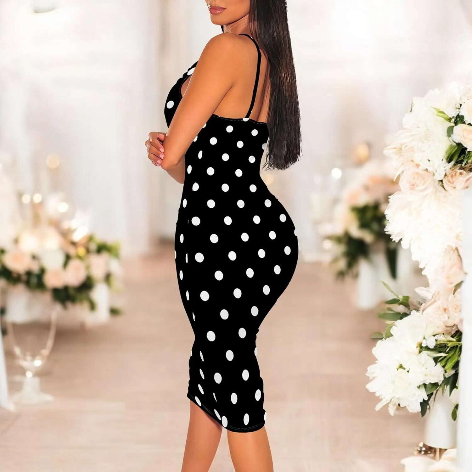 Women's Sexy Sleeveless Bodycon Midi Dress Summer Casual V-Neck Spaghetti Straps Party Club Dresses Beach Vacation Outfits