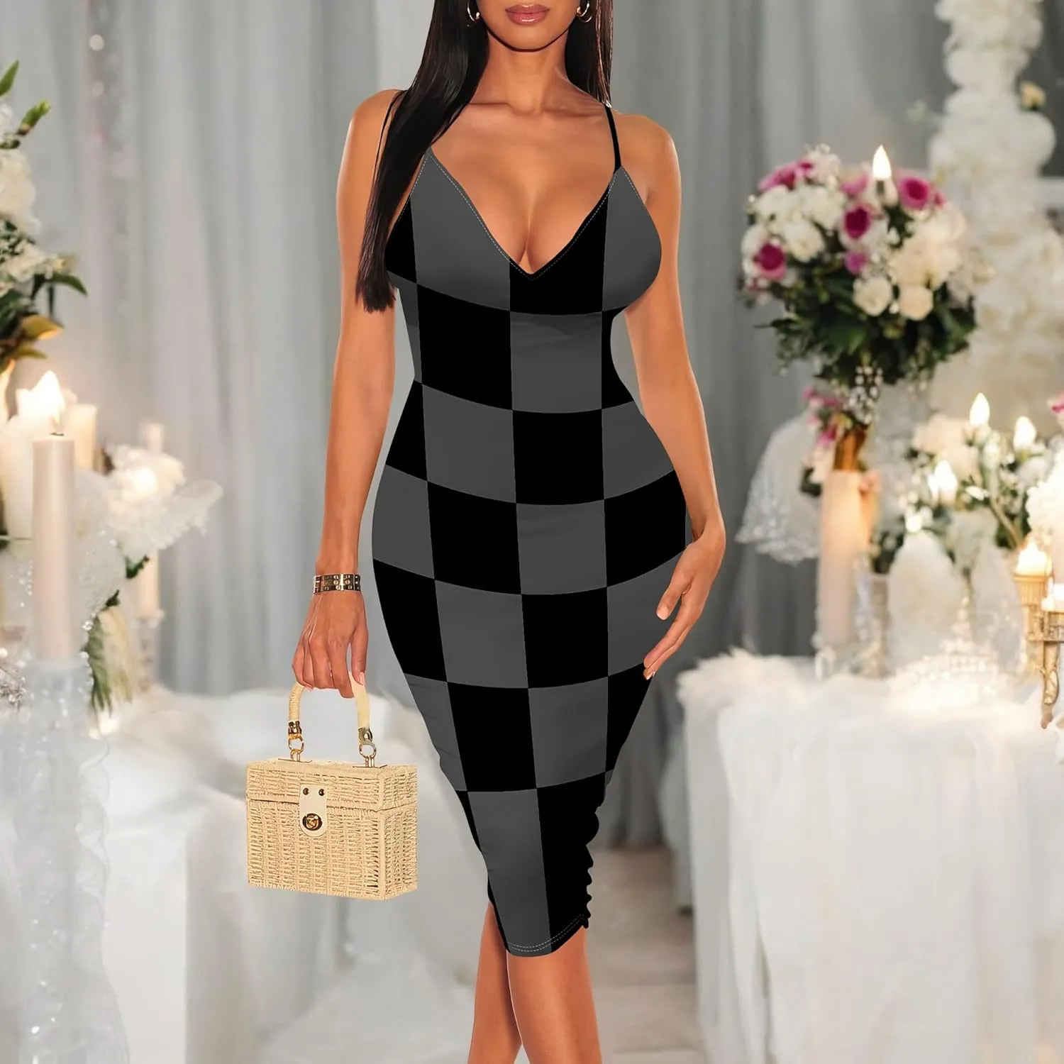 Women's Sexy Sleeveless Bodycon Midi Dress Summer Casual V-Neck Spaghetti Straps Party Club Dresses Beach Vacation Outfits