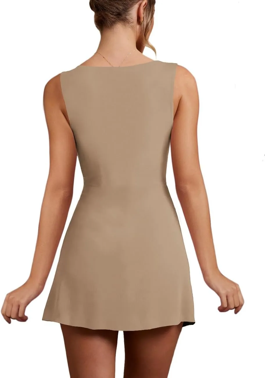 Womens Sexy Sleeveless Square Neck Bodycon Ruched Split Party Club Mini Tank Short Dress