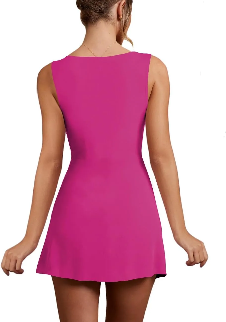 Womens Sexy Sleeveless Square Neck Bodycon Ruched Split Party Club Mini Tank Short Dress