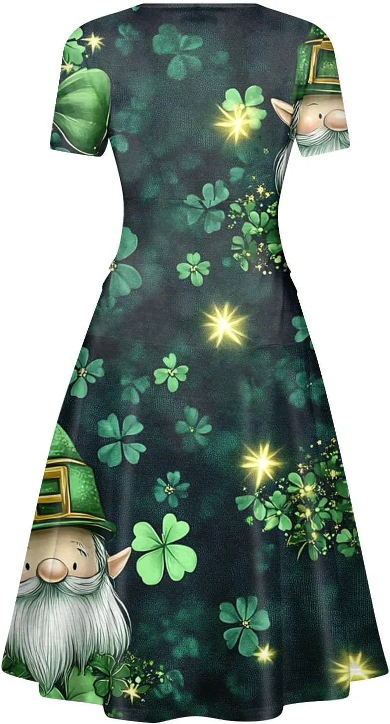 Women's Short Sleeve Loose Dress Comfy Slim V-Neck Daily Waisted Shirred Dressy Casual Shamrock Print Dresses