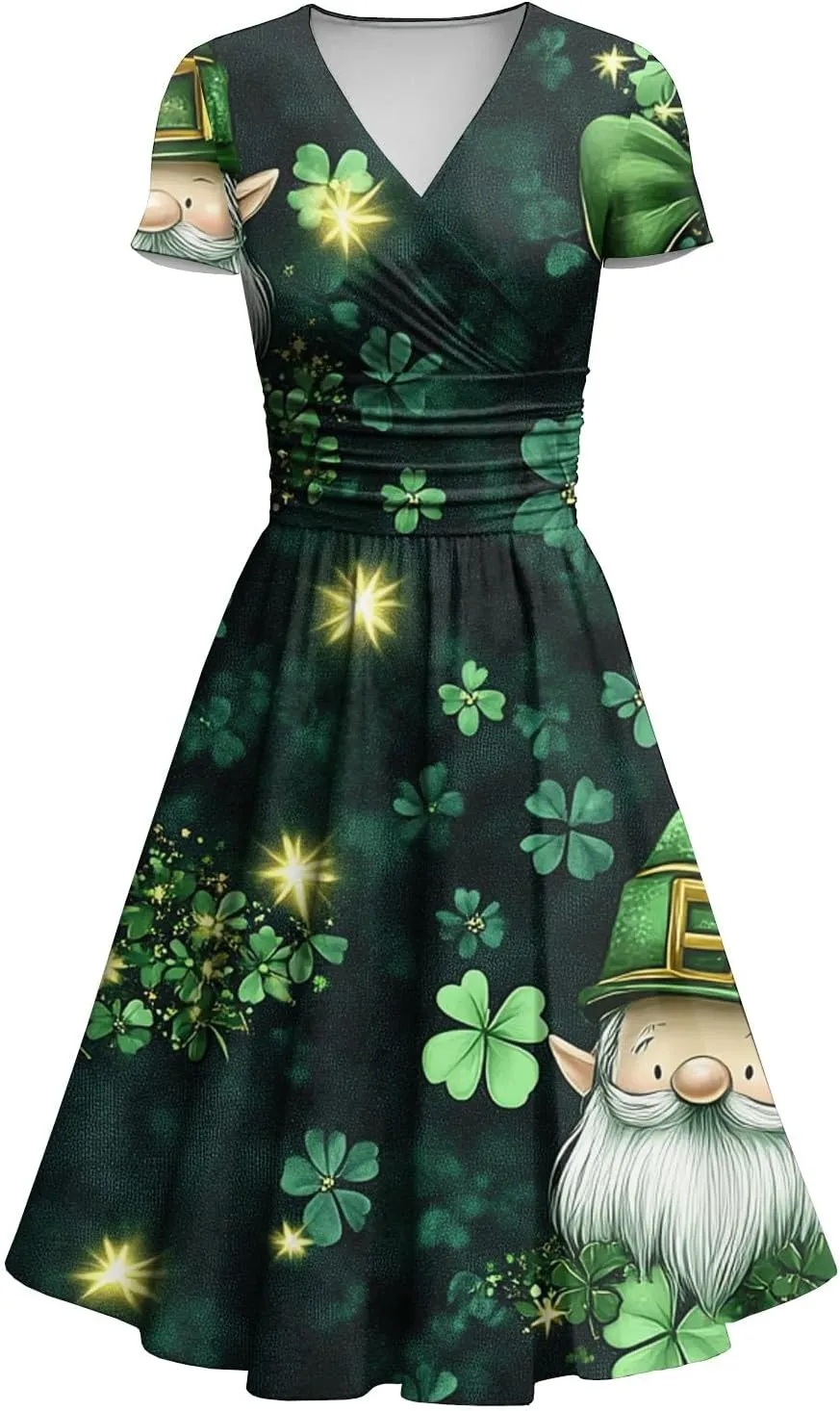 Women's Short Sleeve Loose Dress Comfy Slim V-Neck Daily Waisted Shirred Dressy Casual Shamrock Print Dresses