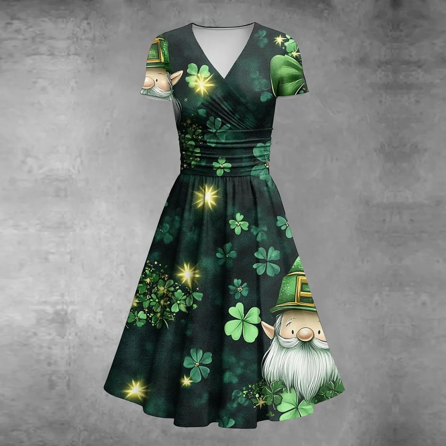 Women's Short Sleeve Loose Dress Comfy Slim V-Neck Daily Waisted Shirred Dressy Casual Shamrock Print Dresses
