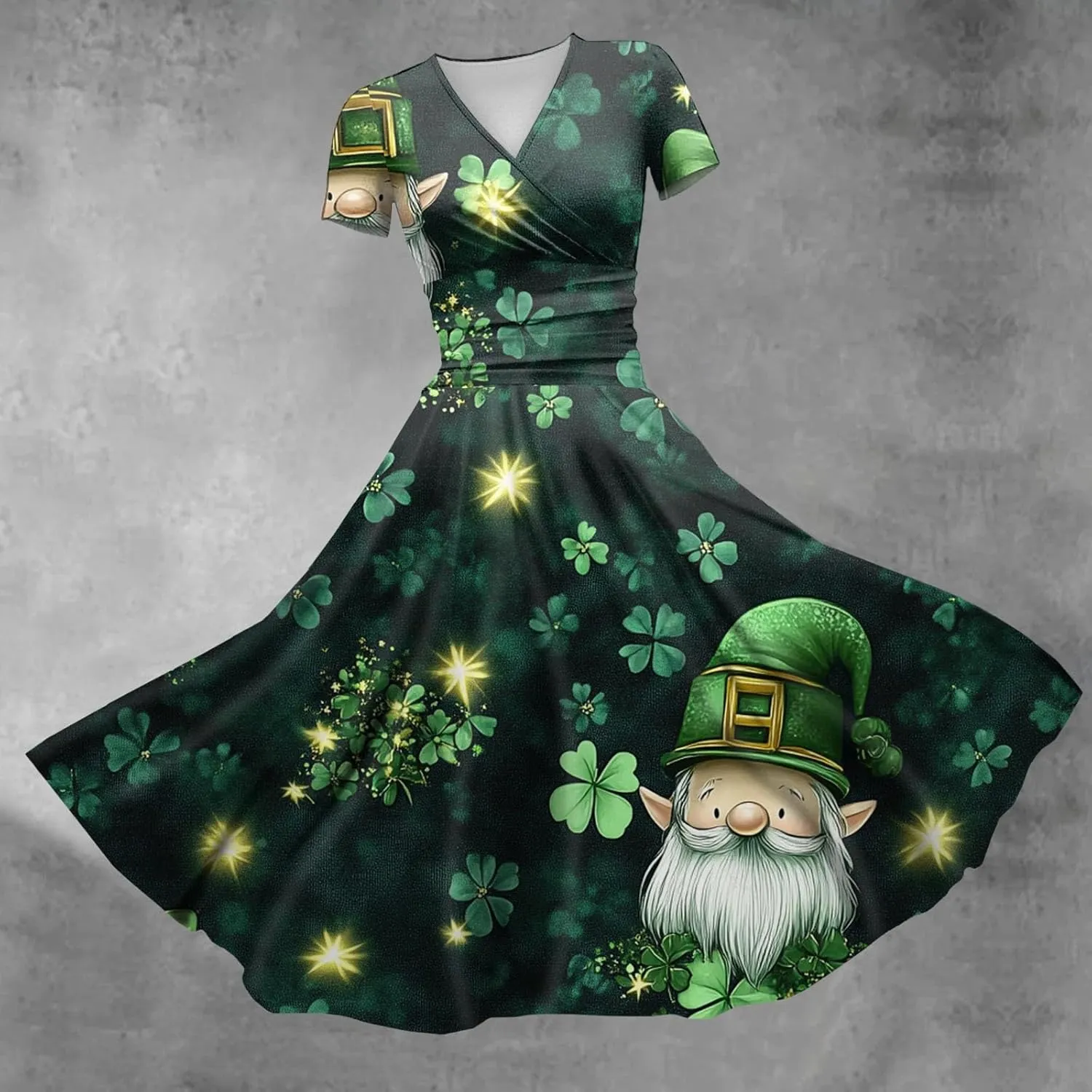 Women's Short Sleeve Loose Dress Comfy Slim V-Neck Daily Waisted Shirred Dressy Casual Shamrock Print Dresses