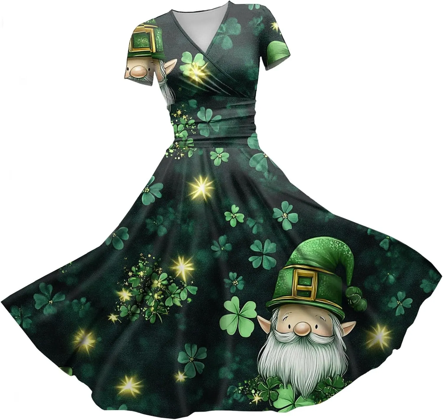 Women's Short Sleeve Loose Dress Comfy Slim V-Neck Daily Waisted Shirred Dressy Casual Shamrock Print Dresses