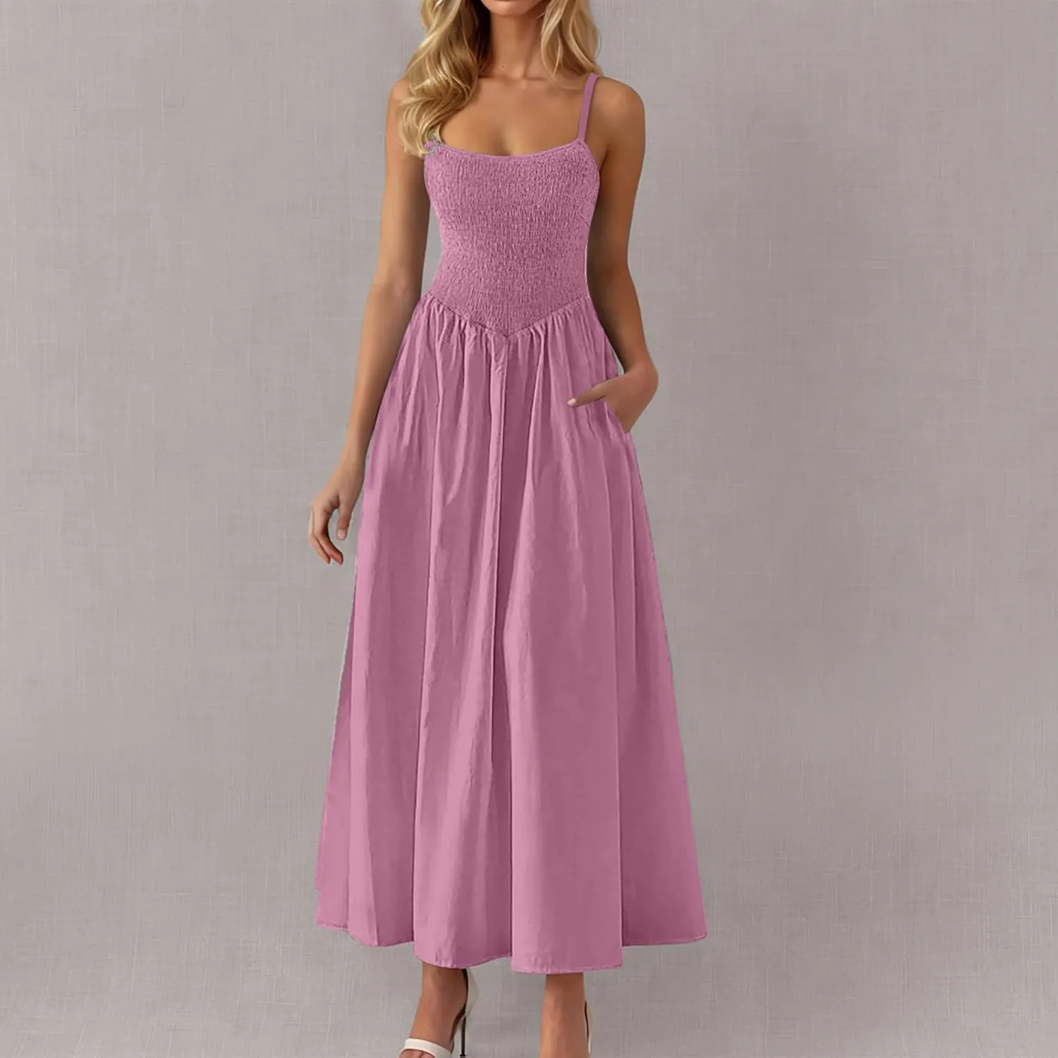 Womens Smocked Maxi Dresses 2025 Summer Trendy Beach Sundress Casual Spaghetti Strap Swing Flowy A Line Long Dress