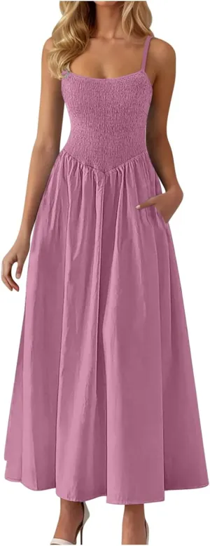 Womens Smocked Maxi Dresses 2025 Summer Trendy Beach Sundress Casual Spaghetti Strap Swing Flowy A Line Long Dress