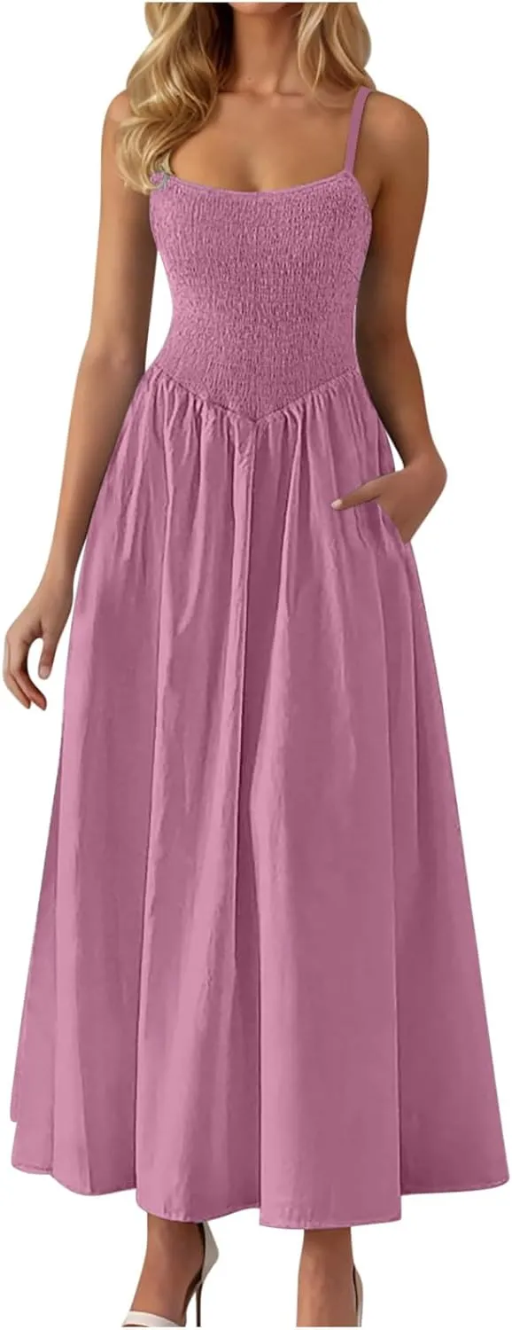 Womens Smocked Maxi Dresses 2025 Summer Trendy Beach Sundress Casual Spaghetti Strap Swing Flowy A Line Long Dress