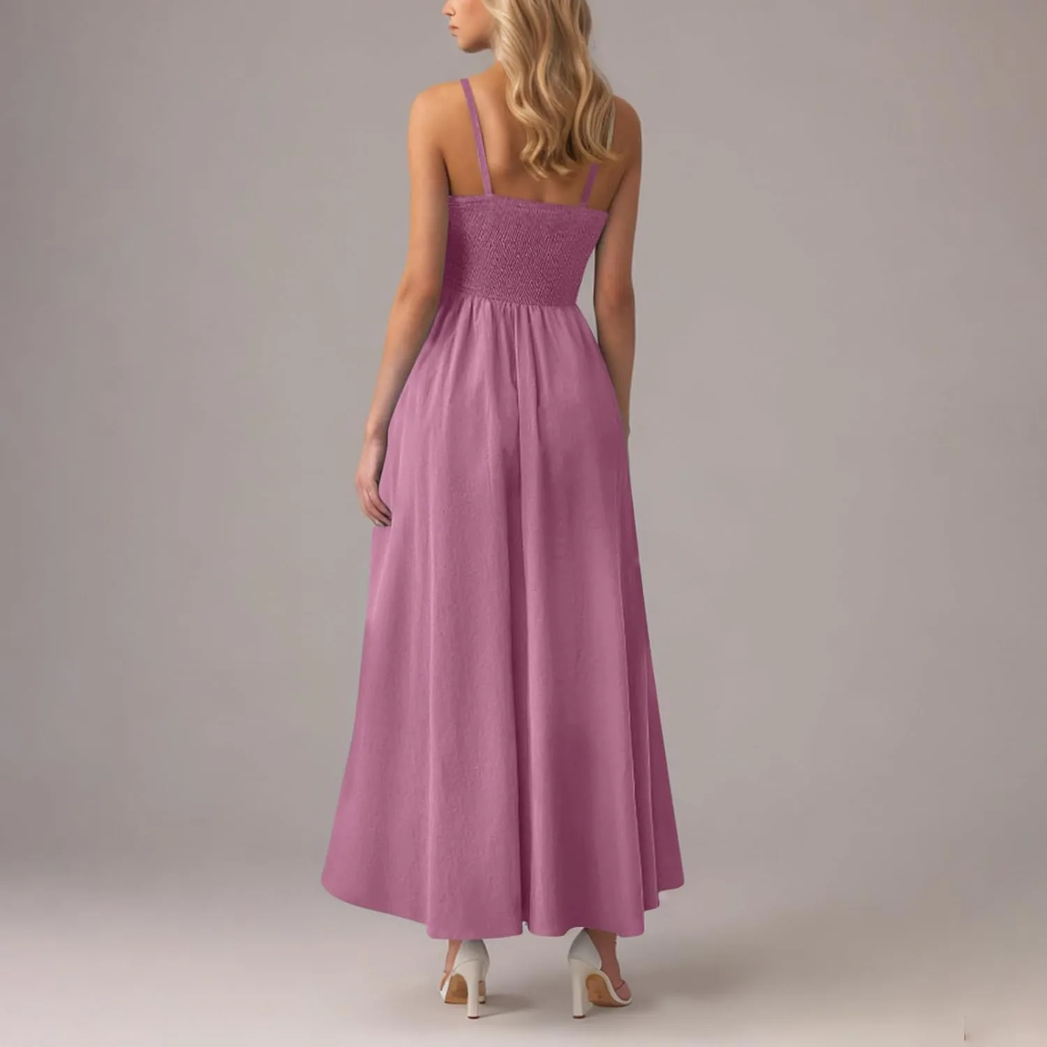 Womens Smocked Maxi Dresses 2025 Summer Trendy Beach Sundress Casual Spaghetti Strap Swing Flowy A Line Long Dress