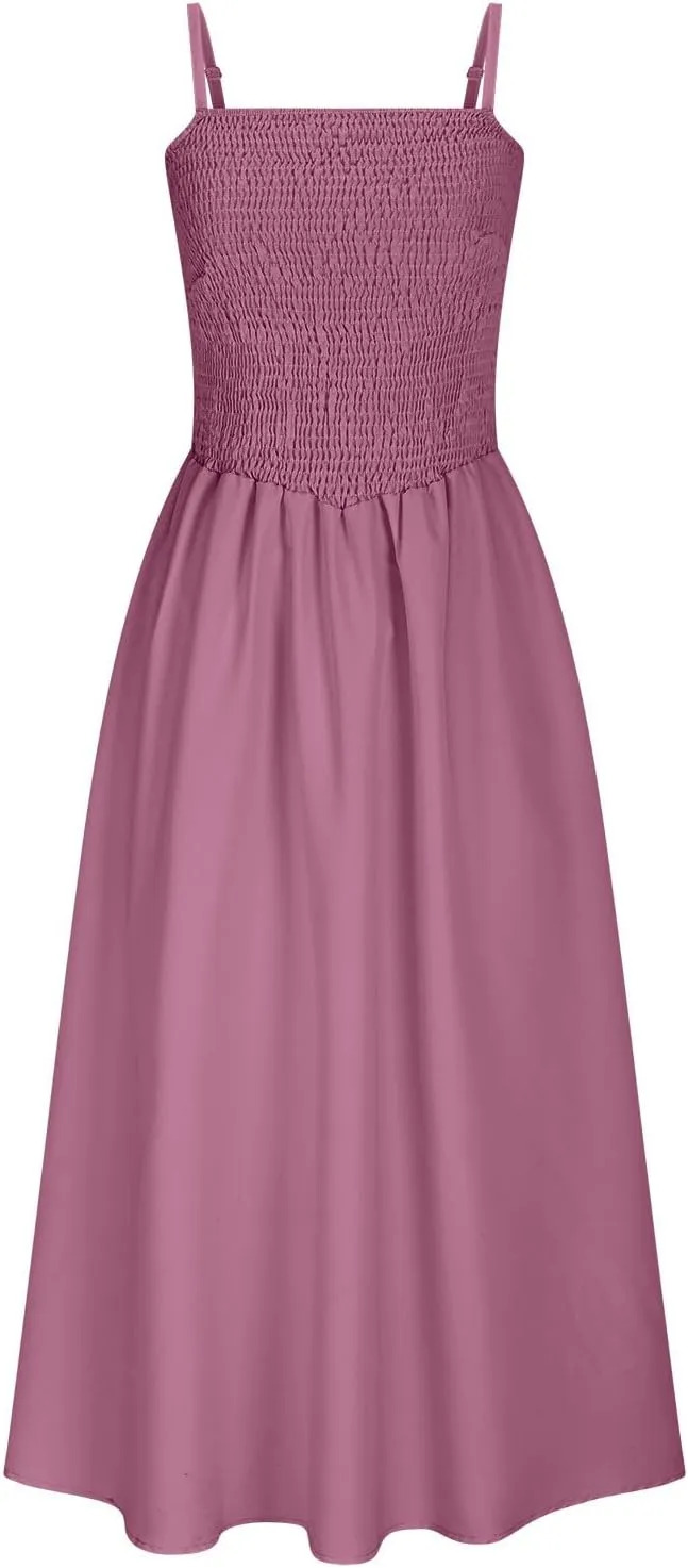 Womens Smocked Maxi Dresses 2025 Summer Trendy Beach Sundress Casual Spaghetti Strap Swing Flowy A Line Long Dress