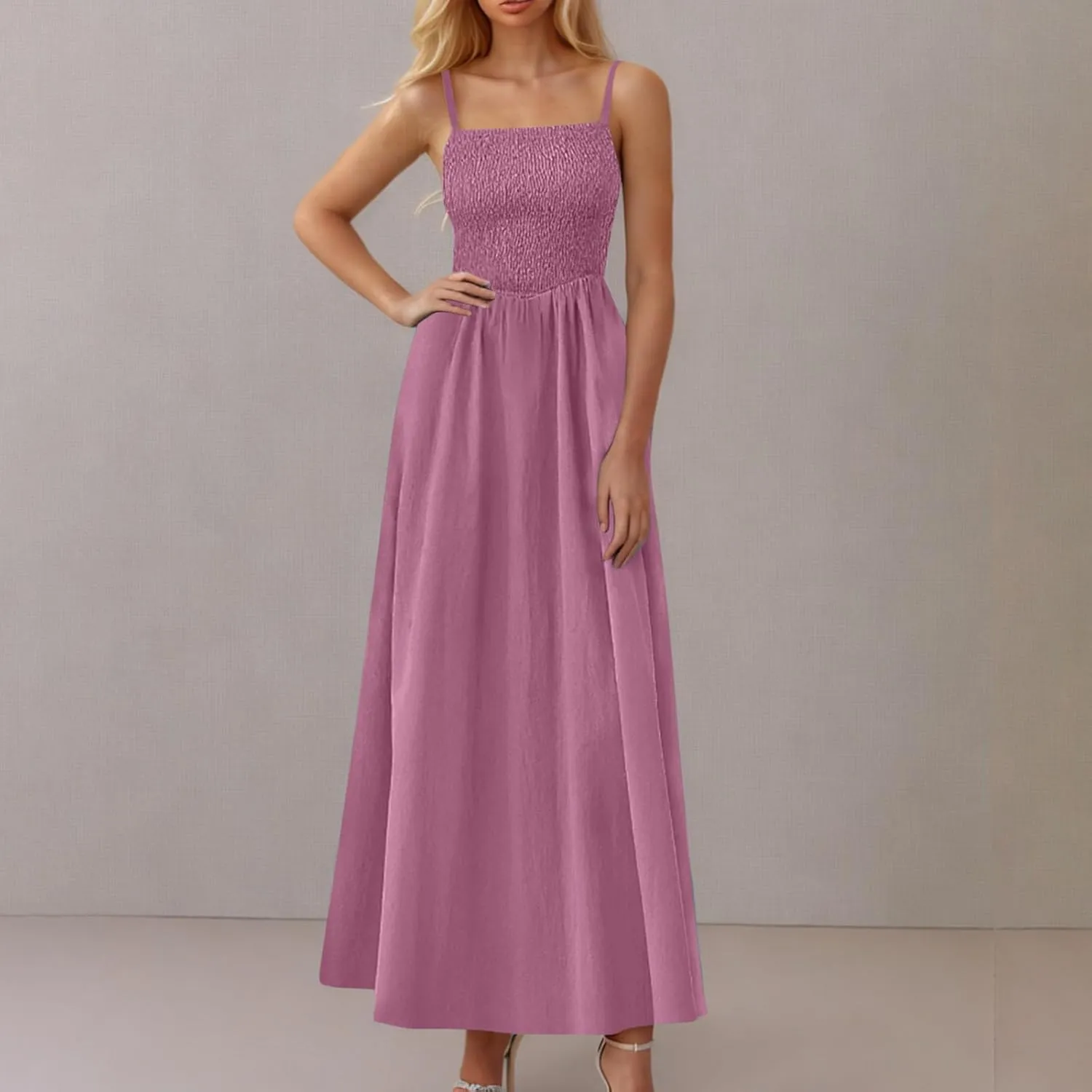 Womens Smocked Maxi Dresses 2025 Summer Trendy Beach Sundress Casual Spaghetti Strap Swing Flowy A Line Long Dress