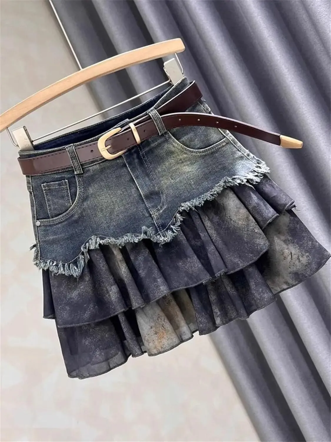 Women's Spliced Denim Mini Skirt High-Waisted Slimming A-Line Jean Short Skirt