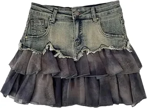 Women's Spliced Denim Mini Skirt High-Waisted Slimming A-Line Jean Short Skirt