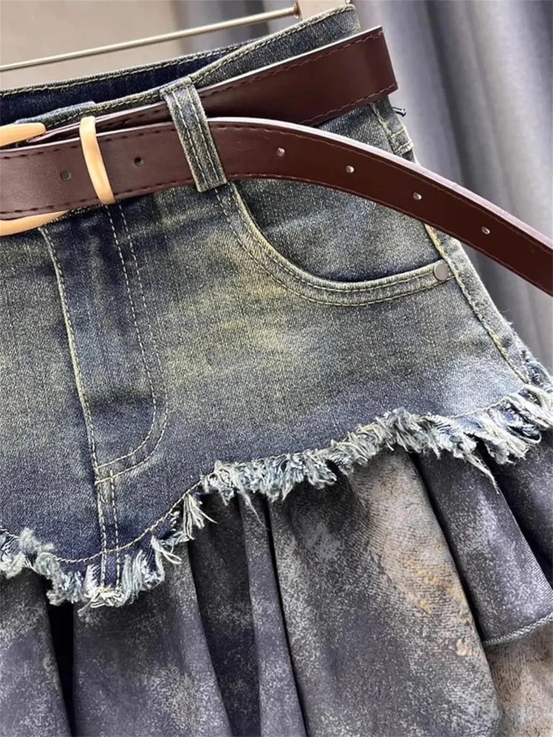 Women's Spliced Denim Mini Skirt High-Waisted Slimming A-Line Jean Short Skirt