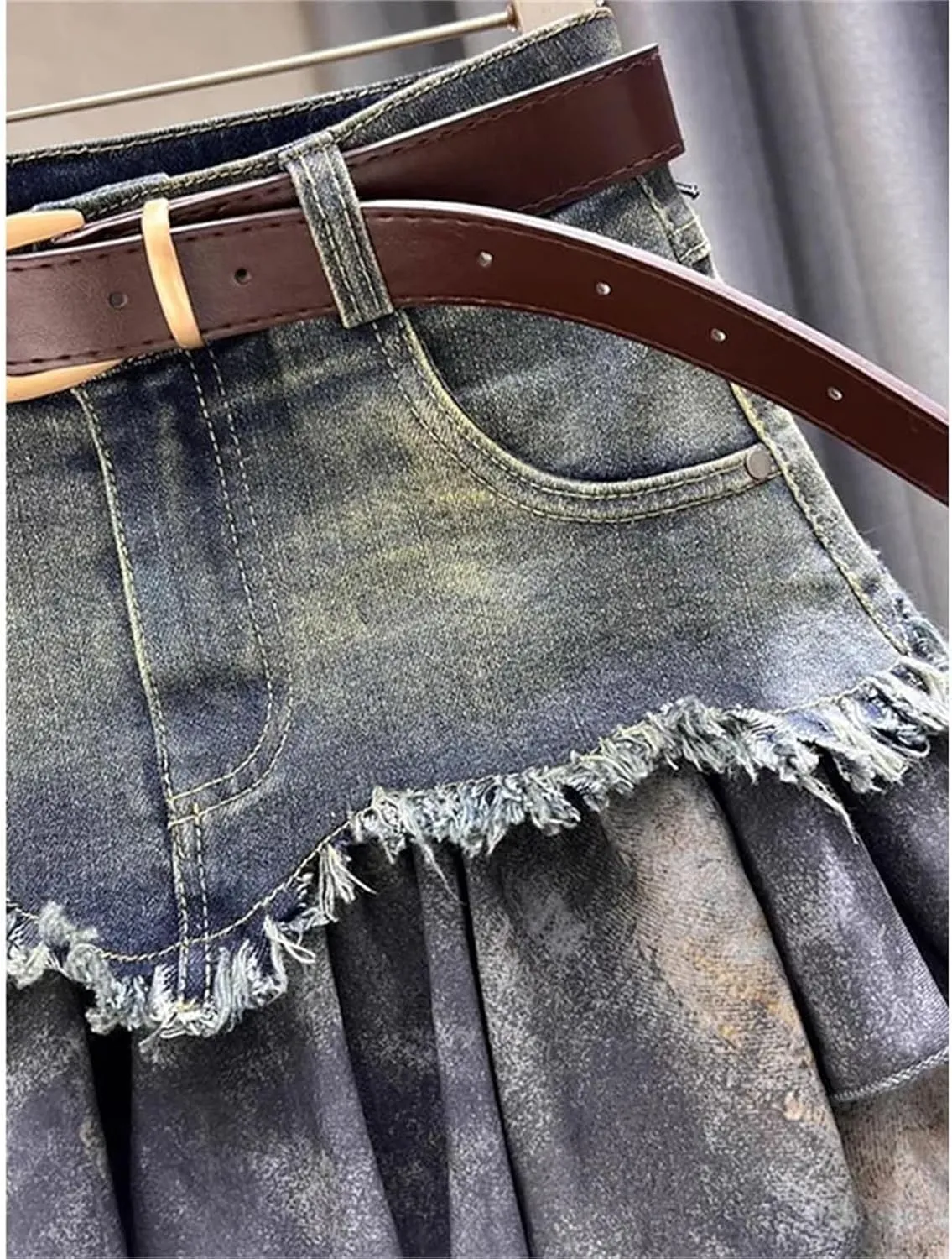 Women's Spliced Denim Mini Skirt High-Waisted Slimming A-Line Jean Short Skirt