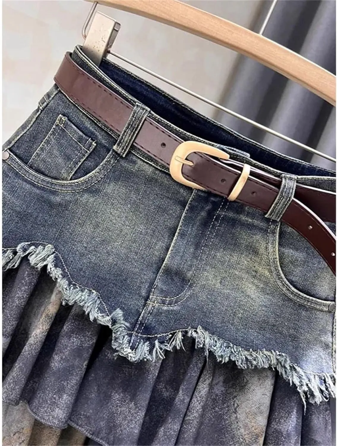 Women's Spliced Denim Mini Skirt High-Waisted Slimming A-Line Jean Short Skirt