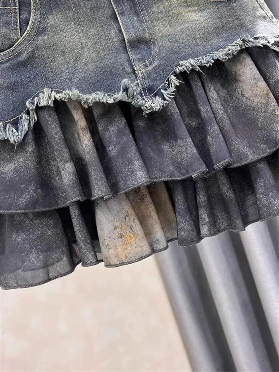 Women's Spliced Denim Mini Skirt High-Waisted Slimming A-Line Jean Short Skirt