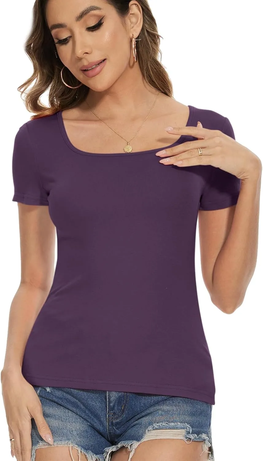 Womens Square Neck Short Sleeve Casual Tshirts Tops Summer Going Out Work Cute Fitted Shirts Trendy 2025