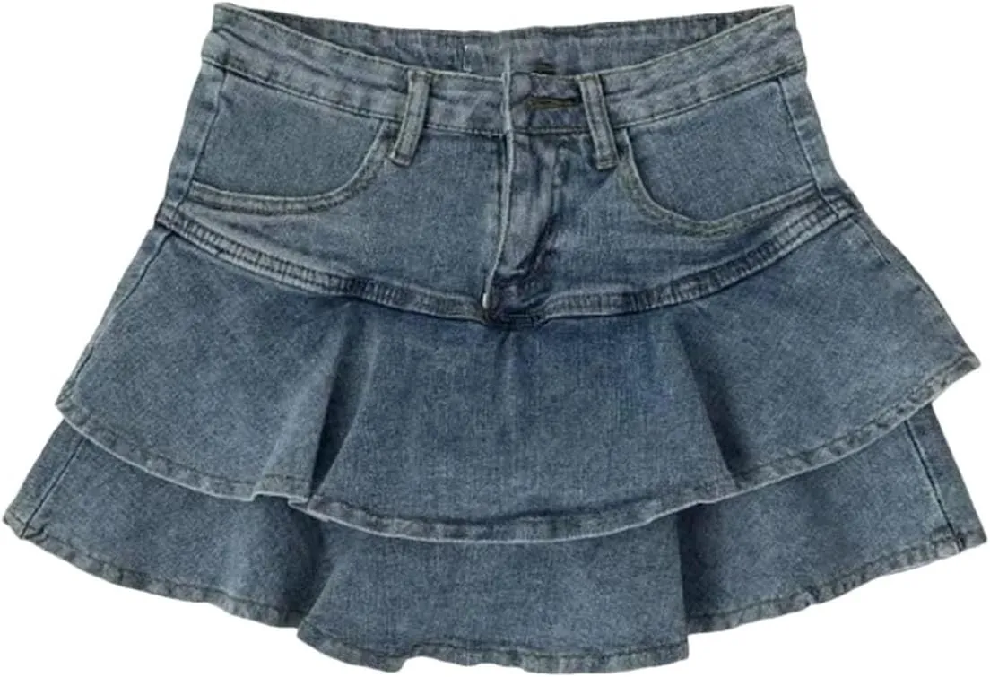 Women's Stretch Slimming A-Line Jean Short Skirt Summer High-Waisted Double Denim Skirt