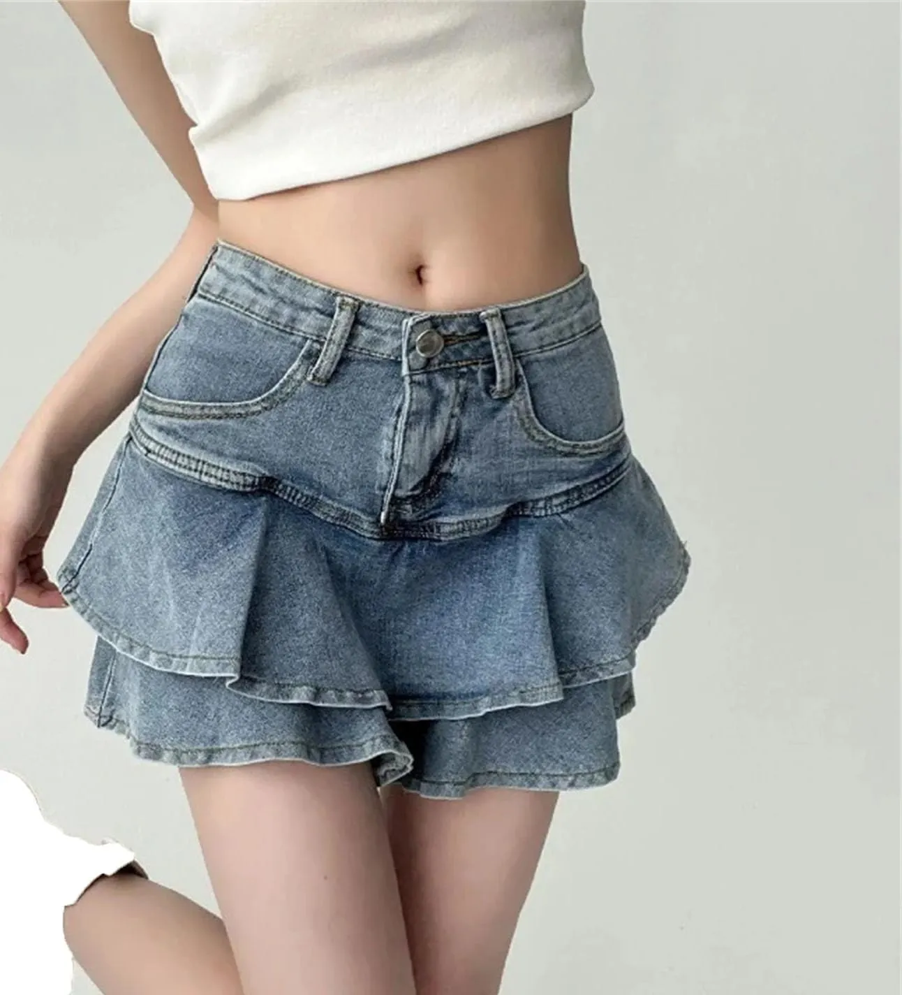 Women's Stretch Slimming A-Line Jean Short Skirt Summer High-Waisted Double Denim Skirt