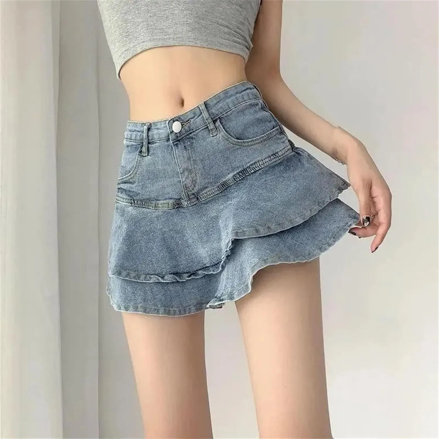 Women's Stretch Slimming A-Line Jean Short Skirt Summer High-Waisted Double Denim Skirt