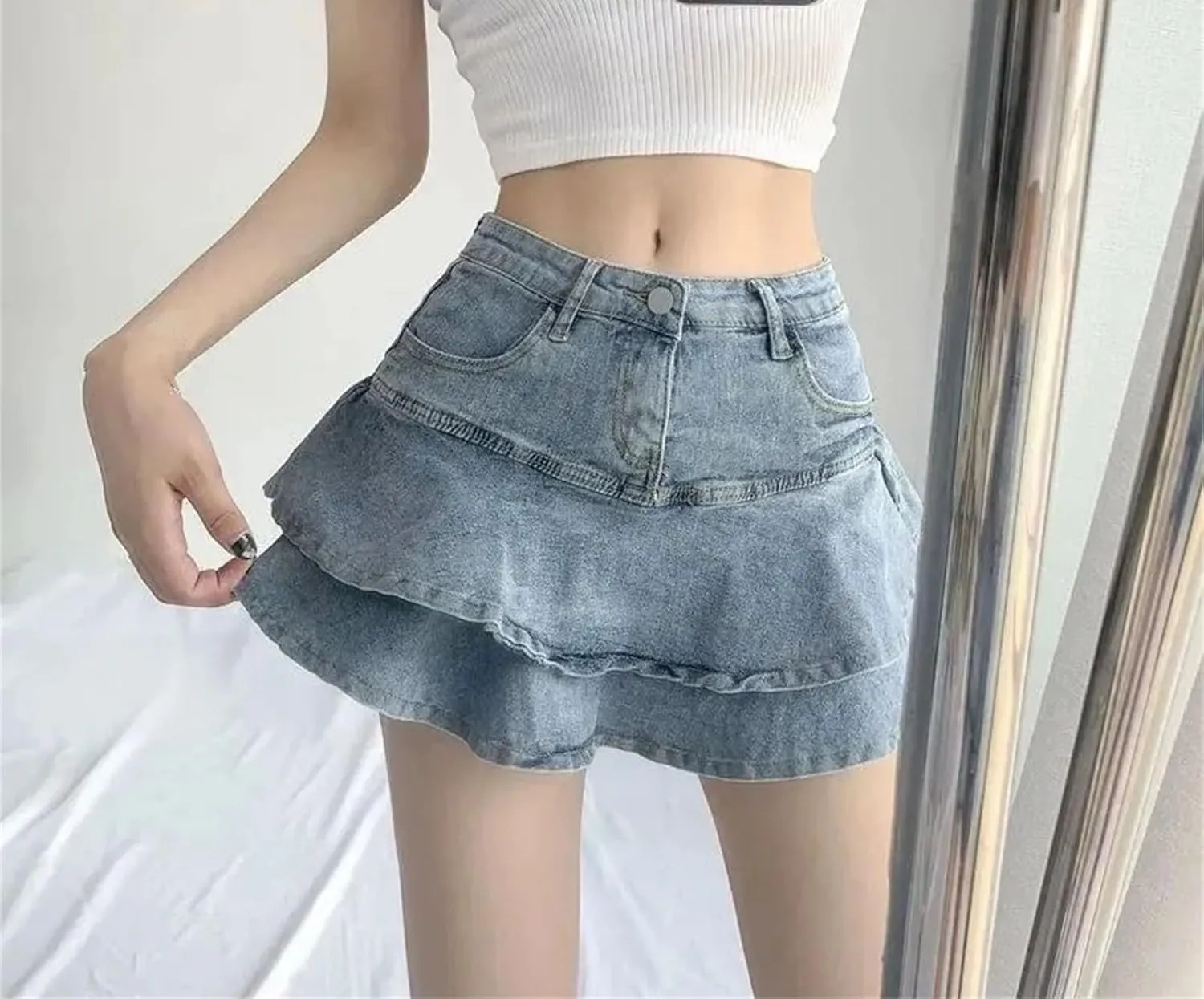 Women's Stretch Slimming A-Line Jean Short Skirt Summer High-Waisted Double Denim Skirt