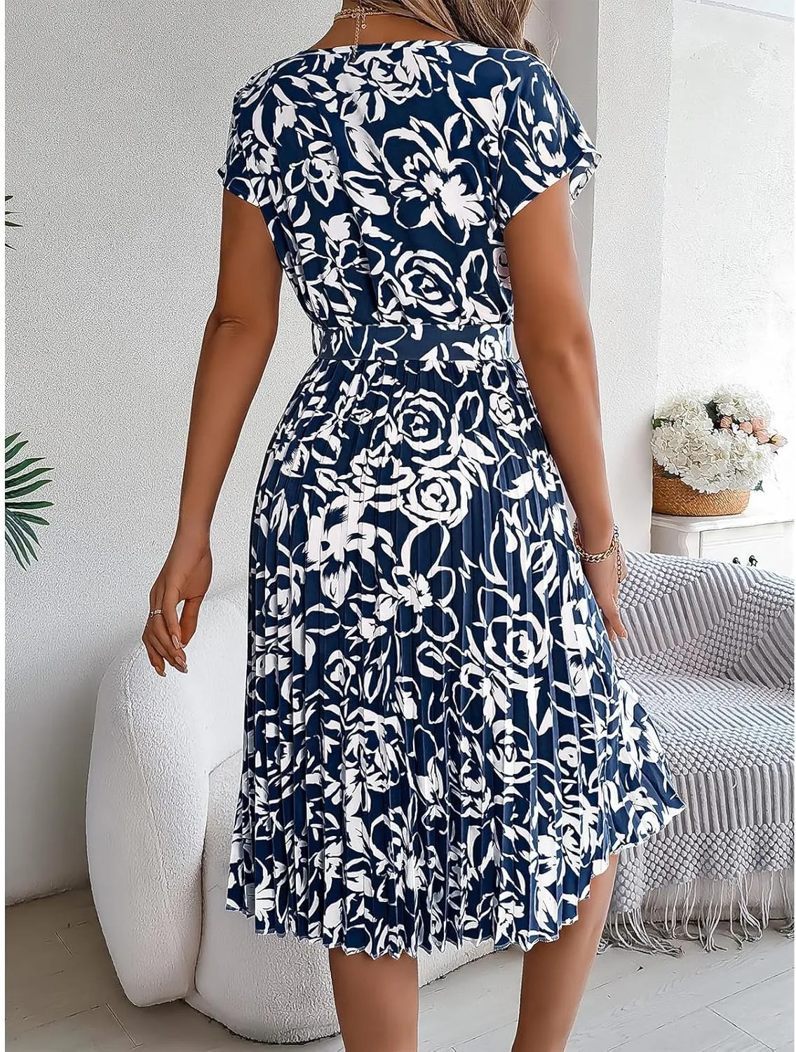Women's Summer Casual Midi Dress Elegant Floral Print Short Sleeve Round Neck Waistband Large Hem Pleated Dress