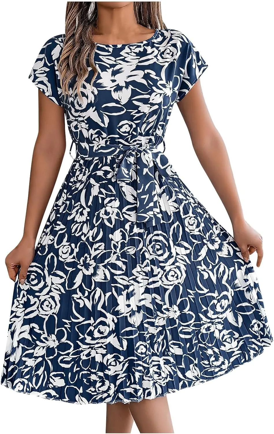 Women's Summer Casual Midi Dress Elegant Floral Print Short Sleeve Round Neck Waistband Large Hem Pleated Dress
