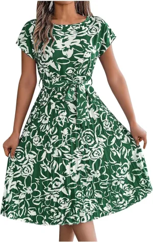 Women's Summer Casual Midi Dress Elegant Floral Print Short Sleeve Round Neck Waistband Large Hem Pleated Dress
