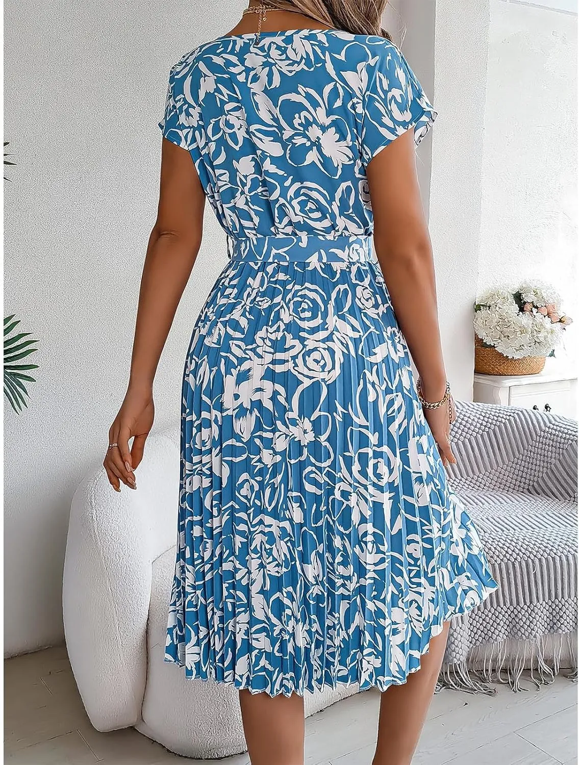 Women's Summer Casual Midi Dress Elegant Floral Print Short Sleeve Round Neck Waistband Large Hem Pleated Dress