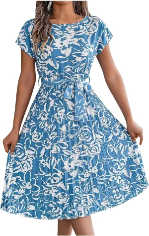 Women's Summer Casual Midi Dress Elegant Floral Print Short Sleeve Round Neck Waistband Large Hem Pleated Dress