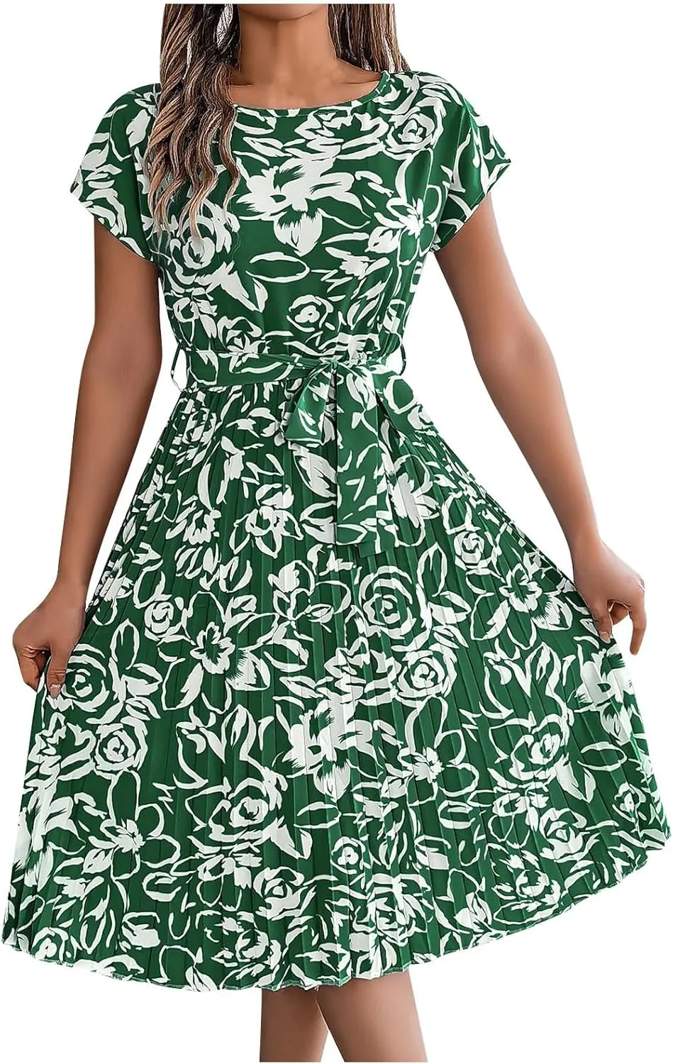 Women's Summer Casual Midi Dress Elegant Floral Print Short Sleeve Round Neck Waistband Large Hem Pleated Dress