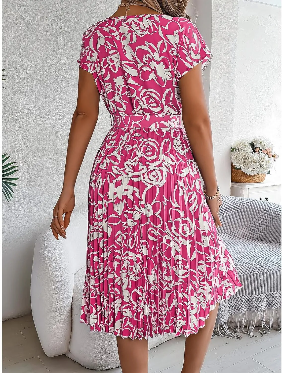 Women's Summer Casual Midi Dress Elegant Floral Print Short Sleeve Round Neck Waistband Large Hem Pleated Dress