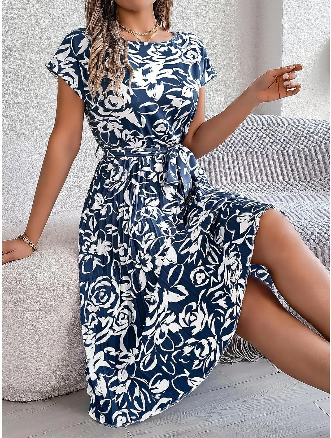 Women's Summer Casual Midi Dress Elegant Floral Print Short Sleeve Round Neck Waistband Large Hem Pleated Dress