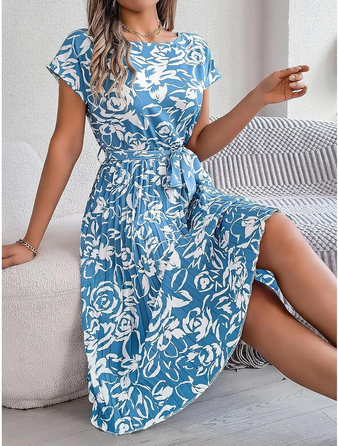 Women's Summer Casual Midi Dress Elegant Floral Print Short Sleeve Round Neck Waistband Large Hem Pleated Dress