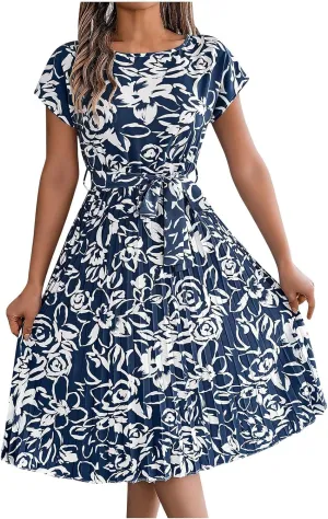 Women's Summer Casual Midi Dress Elegant Floral Print Short Sleeve Round Neck Waistband Large Hem Pleated Dress