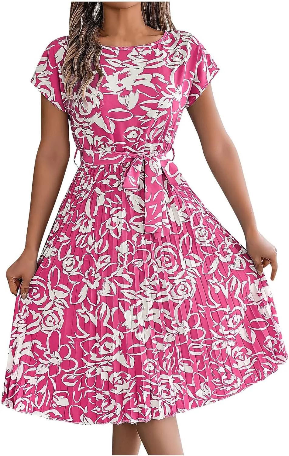 Women's Summer Casual Midi Dress Elegant Floral Print Short Sleeve Round Neck Waistband Large Hem Pleated Dress