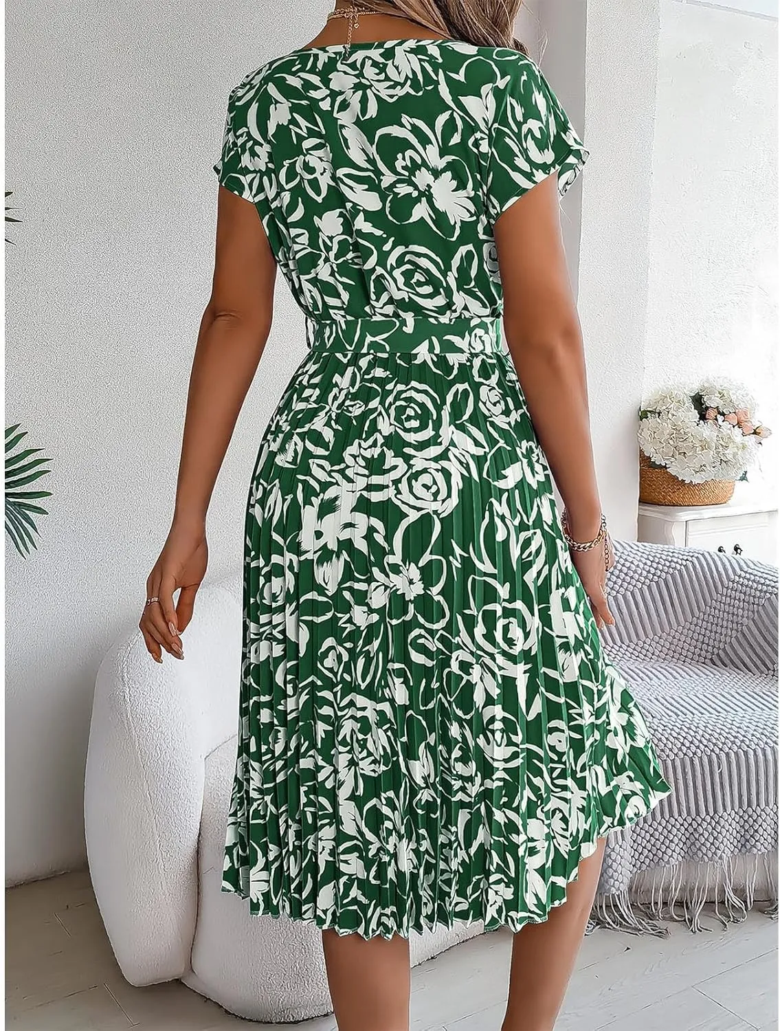 Women's Summer Casual Midi Dress Elegant Floral Print Short Sleeve Round Neck Waistband Large Hem Pleated Dress