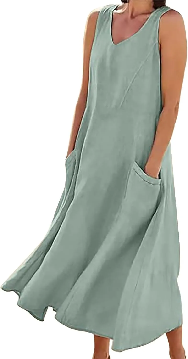 Women's Summer Cotton Linen Dresses 2025 Trendy Elegant Sleeveless Casual Baggy Flowy Beach Maxi Sun Dresses Pocket