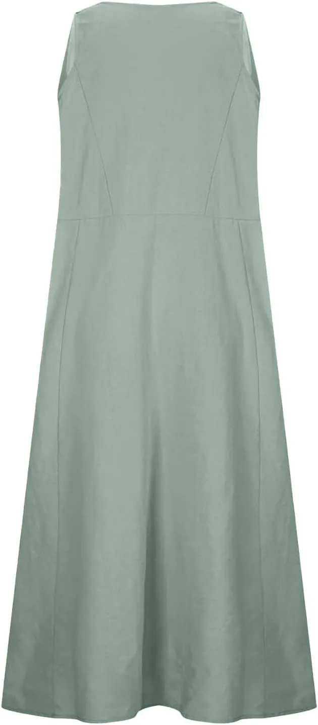 Women's Summer Cotton Linen Dresses 2025 Trendy Elegant Sleeveless Casual Baggy Flowy Beach Maxi Sun Dresses Pocket