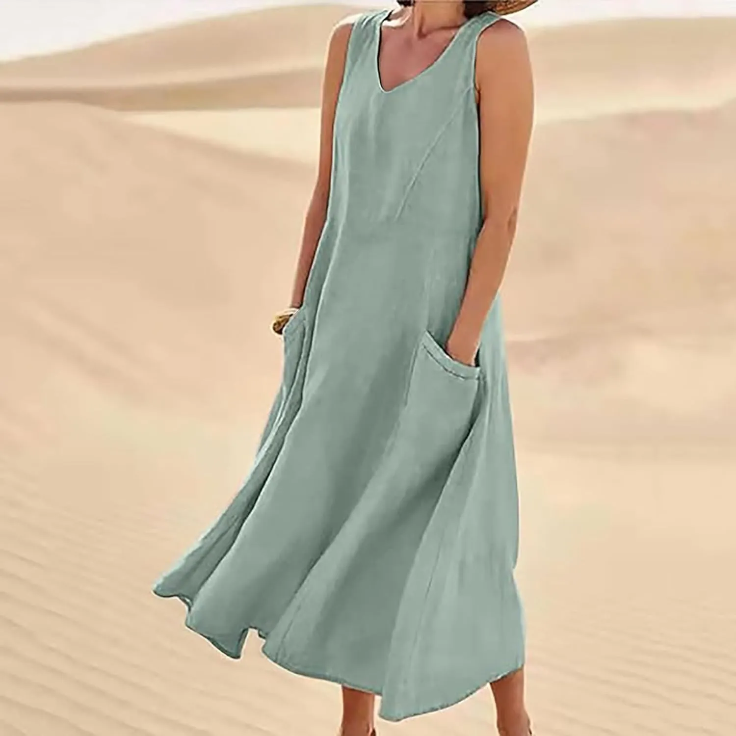Women's Summer Cotton Linen Dresses 2025 Trendy Elegant Sleeveless Casual Baggy Flowy Beach Maxi Sun Dresses Pocket
