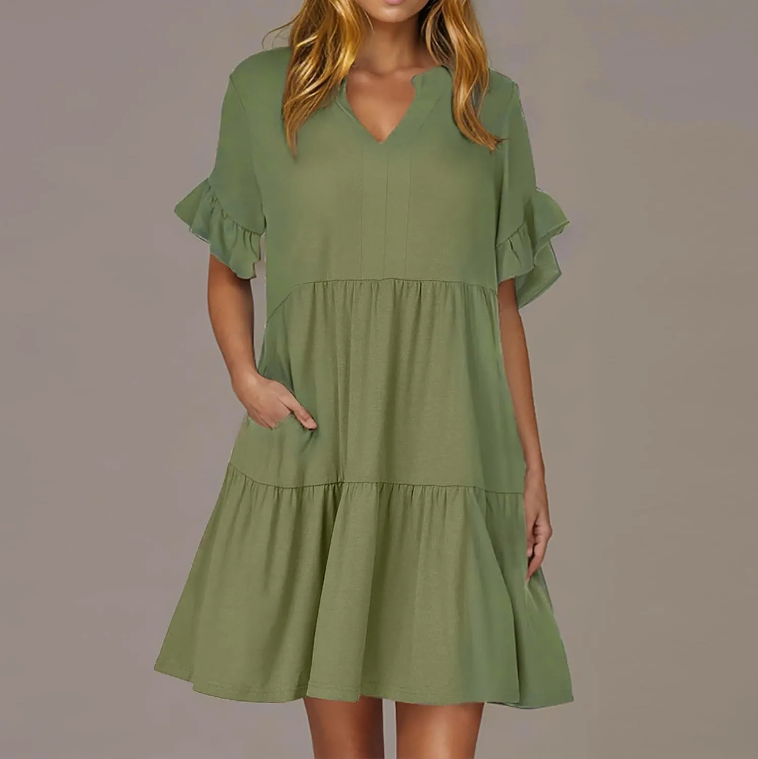 Womens Summer Dress Ruffle Sleeve V Neck Midi Dresses Fashion Casual Flowy Swing Tiered Boho Beach Vacation Sundress