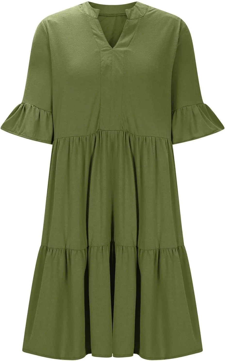 Womens Summer Dress Ruffle Sleeve V Neck Midi Dresses Fashion Casual Flowy Swing Tiered Boho Beach Vacation Sundress