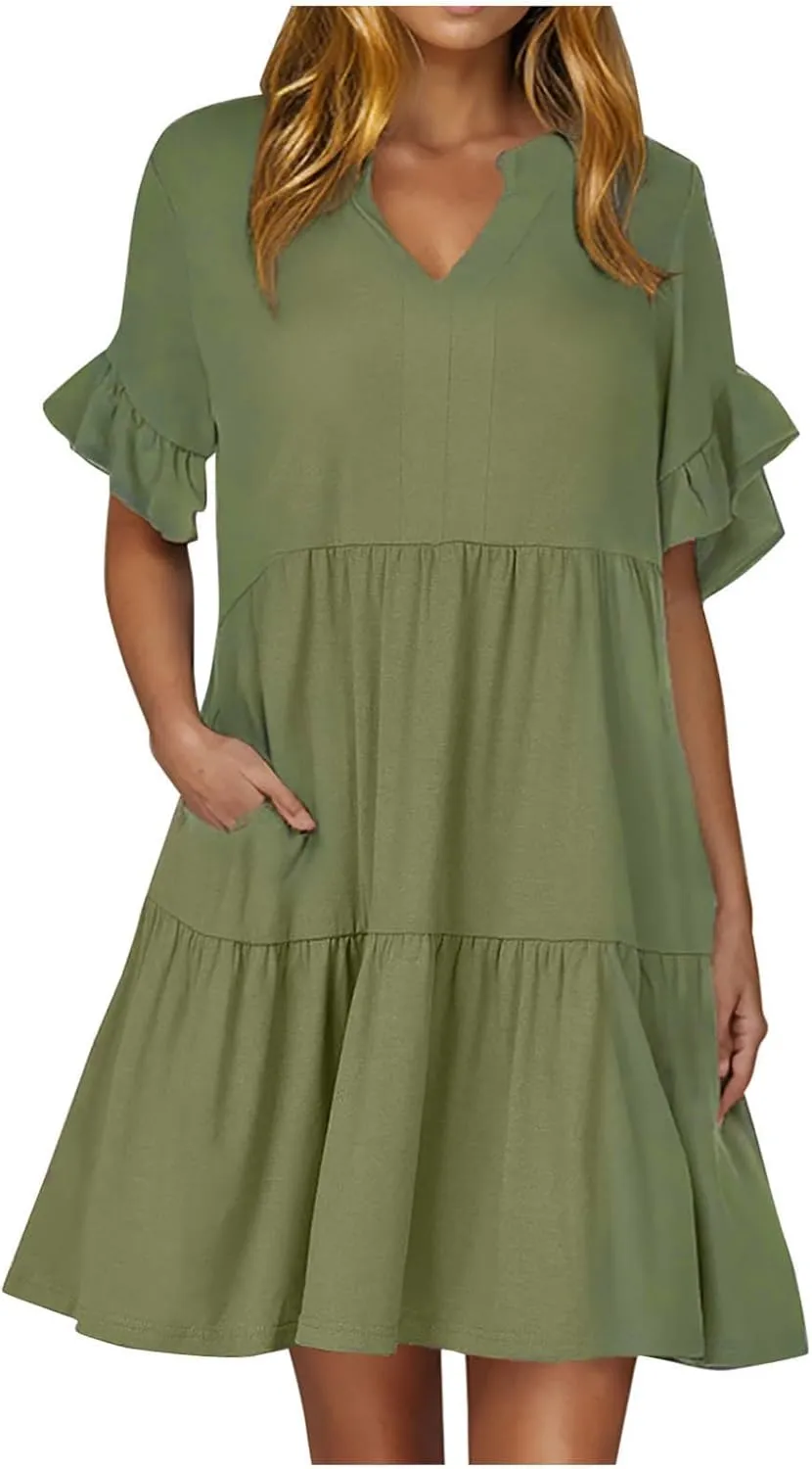 Womens Summer Dress Ruffle Sleeve V Neck Midi Dresses Fashion Casual Flowy Swing Tiered Boho Beach Vacation Sundress