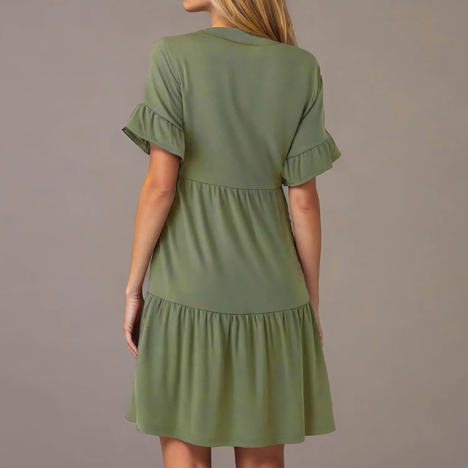 Womens Summer Dress Ruffle Sleeve V Neck Midi Dresses Fashion Casual Flowy Swing Tiered Boho Beach Vacation Sundress