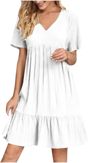 Women's Summer Dresses Casual Midi Swing Short Sleeve V Neck Tiered A Line Flowy Beach Dress Sundress 2025